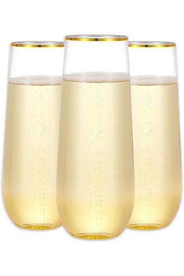 KASTWAVE Plastic Champagne Flutes, 270 ml Stemless Disposable Gold Rim Glasses Shatterproof Reusabl