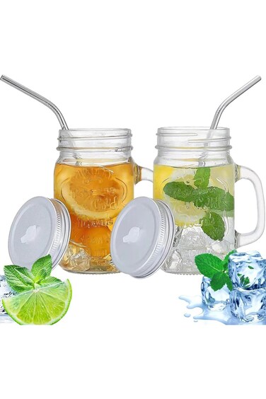 Uandhome 2-Pack Mason Jars, 500ml Clear Glass Mugs With Handle, Drinking Cup With Sealed &amp; Straw Li