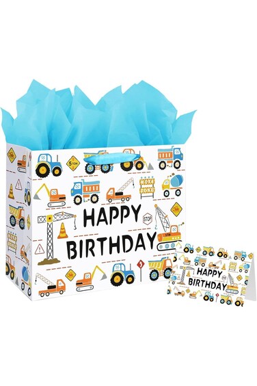 حقيبة هدايا عيد ميلاد سعيد كبيرة مقاس 13 بوصة، للأطفال الذكور مع مناديل ورقية وبطاقة، أو لأي مناسبة (ج)