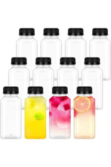 MIMIND 12 Pack 8 Ounce Empty Plastic Juice Bottles, Reusable Clear Bulk Containers with Black Tampe