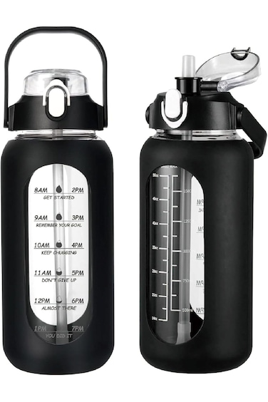 VANANAILS Glass Water Bottle with Straw and Handle Lid, 64oz Glass Water Bottle with Silicone Sleev
