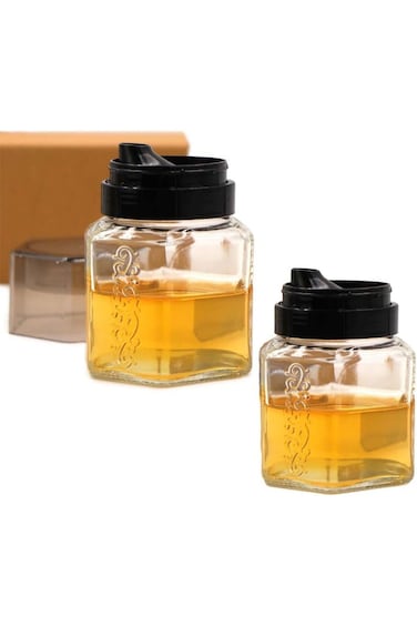 Azonee Honey Dispenser Glass, 2 Pcs Jar With Lid and No Drip Plastic Pour Spout, Oil Vinegar Contai