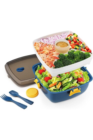 Salad Lunch Box Container, Double Layer Bento Box with Cutlery and Sauce Container, 40 oz Salad Bow