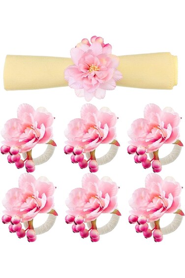 Tazweeq 6Pcs Pink Flower Napkin Rings, Champagne Rose Napkin Sets, Pink Handmade Flower Napkin Ring