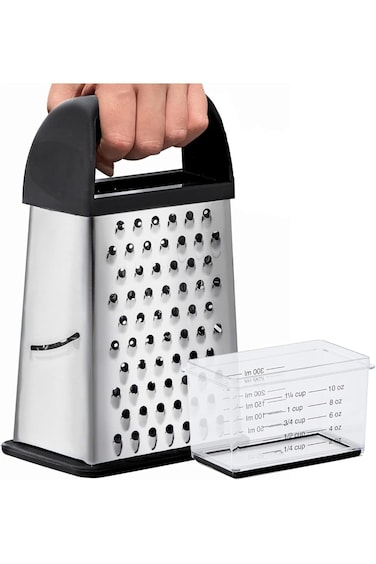 مبشرة جبن XL رباعية الجوانب مع حاوية، مبشرة صندوقية من الفولاذ المقاوم للصدأ خالية من مادة BPA بنسبة 100%، جبن بارميزان مبشور