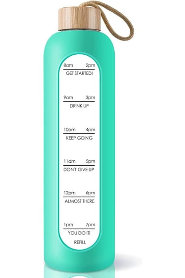 KASTWAVE Motivational Glass Water Bottle with Time Markers, Leak Proof and BPA Free, 32 Oz with Sil