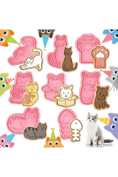 SWIUKPHE Cat Cookie Cutters 8 Pcs with Plunger Stamps Set 3D Cat Paw Shape Biscuit Cutter Funny Car