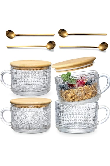 عبوة شوفان كلاسيكية (عبوة من 4 قطع) - أكواب زجاجية شفافة سعة 14 أونصة مع نقشة دوار الشمس وقطرات المطر