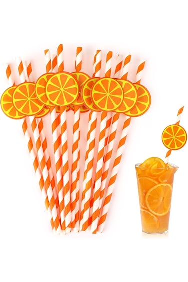 Azonee Lemon Paper Straws, Biodegradable Orange Striped Patterned Drinking Straws, Party Decor Disp