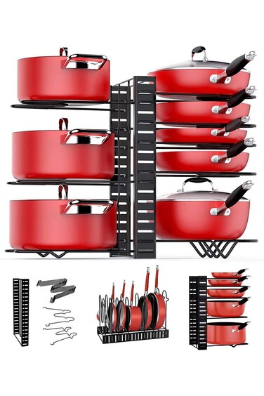 ARVINKEY Pot Rack Organizers, 8 Tiers Pan Organizer Rack for Cabinet, Adjustable Pot Lid Holders &amp;