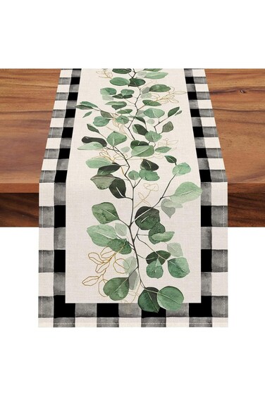 مفرش طاولة Joyzzzz، مفرش طاولة أخضر نباتي أسود أبيض منقوش بنقشة مربعات الجاموس، ديكور طاولة طعام R