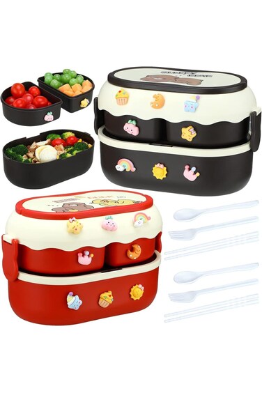 2 Pcs Kawaii Bento Box Leakproof Stackable Lunch Container with 3 Compartments Portable Preschool L