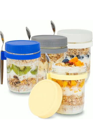 RCCO Glass Jars, Overnight Oats Container with Lid and Spoon [4 Pack], Overnight Oats Jars, 350ml /
