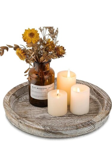 صينية تقديم خشبية مزخرفة، صينية تقديم قهوة، صينية حامل شموع مركزية دائرية ريفية،