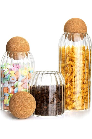 3Pcs Glass Storage Container with Round Ball Cork,Coffee Bean Jar Glass Cork Clear Stripe Glass Bot