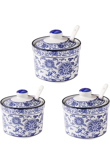 ABIN 3 Pack Ceramic Spice Jar with Lid and Spoon, Blue and White Salt Bowl Salt Container, Modern S