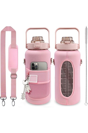 زجاجة مياه RCCO نصف جالون مع غلاف، 64 أونصة (2 لتر)، زجاجة مياه ملهمة مع قشة ووقت