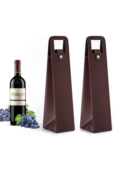 KASTWAVE Wine Gift Bags for Single Bottle, Red Single Reusable PU Leather Wine Bottle Bags with Han