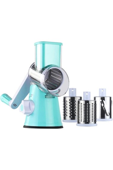 Biki Rotary Cheese Grater Round Mandolin Slicer, Handheld Hashbrown Shredder with 3 Drum Blades, Ki
