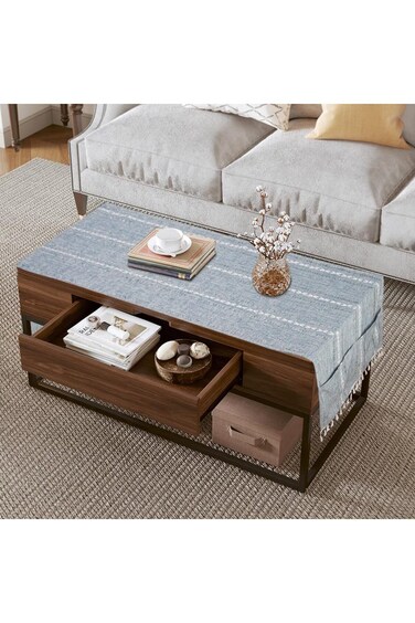 Coffee Table Cloth, Coffee Table Cover with Pockets and Tassel, Blue-Grey Streaks Cotton Linen for