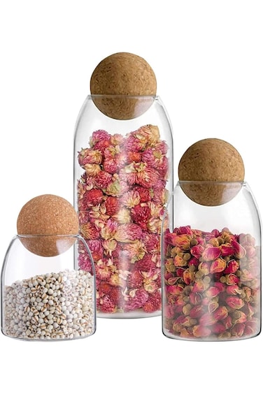 Glass Jar with Ball Cork Lid, 3 Pack Glass Canister with Wood Lid, Glass Food Storage Jars, Glass J