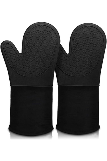 Joyzzz Silicone Oven Mitt, 1 Pair Waterproof Heat Resistant Kitchen Long Cotton Bbq Baking Gloves,