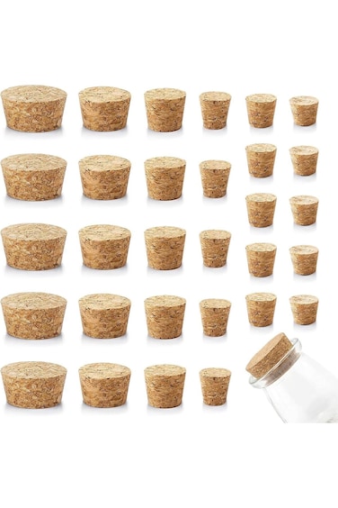 Cork Stoppers for Wine Bottles, 30 Pieces, 6 Sizes, Wooden Tapered Plugs for Crafts and Glass Bottl