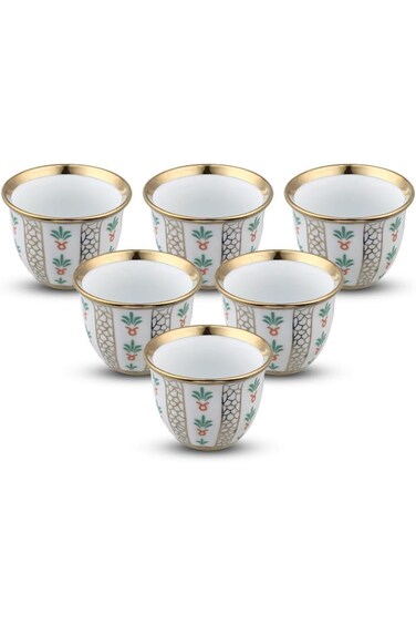 Al Sanidi Arabic Coffee Cup Palm Leaf Ceramic Arabic Coffee Cup Gold Set of 6