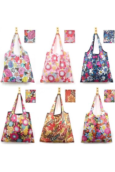 Reusable Grocery Bag 6 Pcs, Foldable Eco-Friendly Shopping Bags, Lightweight Washable Ripstop Nylon