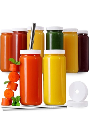 OctStory Glass Juicing Bottles with 2 Straws &amp; 2 Lids w Hole- 500ml Travel Drinking Jars, Water Cup