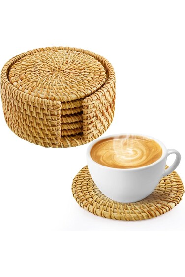 GNAFOTU 6pcs Handmade Rattan Coasters with Holder,Wicker Boho Coasters, Living &amp; Dining Room Kitche