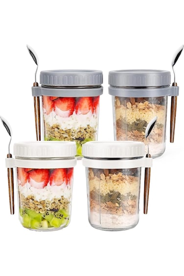 برطمانات ماسون للشوفان المُخزّن طوال الليل: عبوة من 4 عبوات من الشوفان المُخزّن طوال الليل مع أغطية وملاعق - 16 أونصة زجاجية