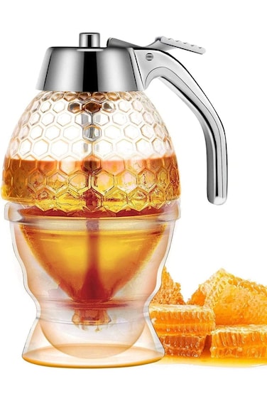 موزع عسل Ubitree مع حامل، وعاء عسل أكريليك، وعاء عسل مانع للتنقيط، موزع شراب القيقب