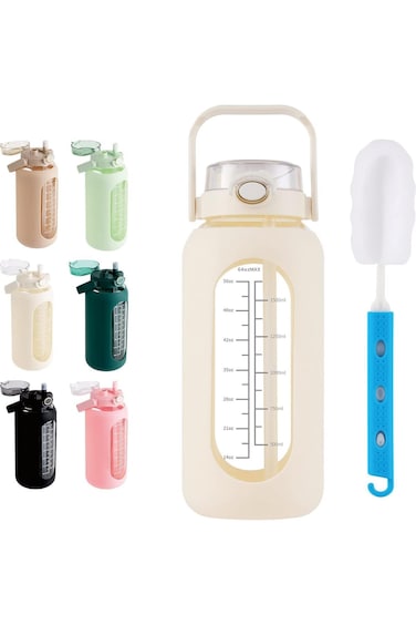 VANANAILS Glass Water Bottle with Straw and Handle Lid, 64oz Glass Water Bottle with Silicone Sleev