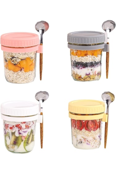 عبوة من 4 برطمانات شوفان ليلي مع أغطية وملاعق، سعة كبيرة 350 مل، شوفان ليلي من ماسون الزجاجي