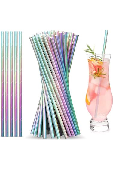 Excefore 200 Pcs Iridescent Paper Straws Drinking Disposable Straws Multicoloured Straws Birthday P