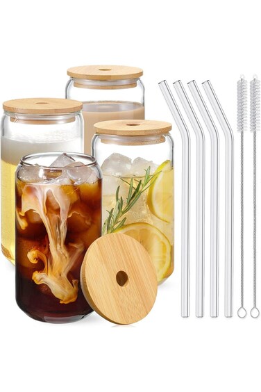 Drinking Glasses with Bamboo Lids and Glass Straw 4pcs Set - 16oz Can Shaped Glass Cups, Beer Glass
