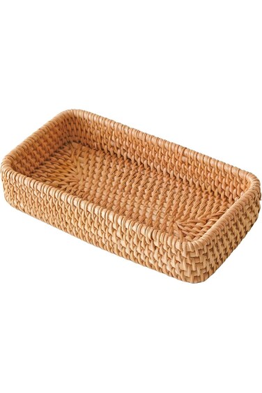 Azonee Rattan Serving Tray, Small Rectangle Woven Tray, Natural Wicker Decorative Serving Baskets f