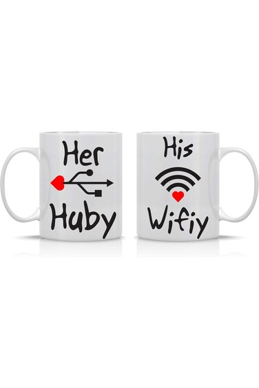 AW Fashions His Wifiy, Her Huby - Funny Geek USB WIFI - Funny Couple Mug - (2) 11OZ Coffee Mug - Fu