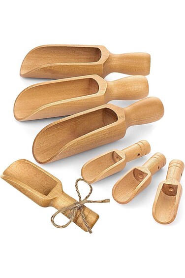 ALMEKAQUZ 6 Pcs Bath Salt Scoop, Wooden Scoops for Canisters, 3 Big 3 Smalll Natural Beech Wooden S