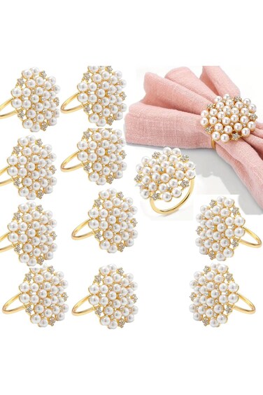 12 pcs Chic Hotel Restaurant Simulated Pearl and Diamond Inlaid Napkin Rings - Perfect for Valentin