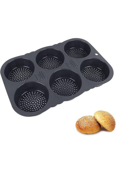 6 Cavity Hamburger Bun Mould, Round Oven Tray Silicone Burger Bun Baking Tray Cupcake Pan for Homem