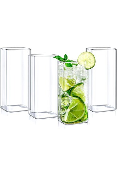 Jjojcll Drinking Glasses 13 oz,Thin Square Glasses Set of 4,Lead-Free Square Glass,Glass Drink Tumb