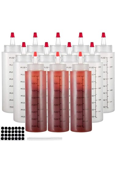 عبوة من 12 زجاجة ضغط للتوابل من Cneer، زجاجة ضغط بلاستيكية متينة سعة 8 أونصة مع طرف أحمر