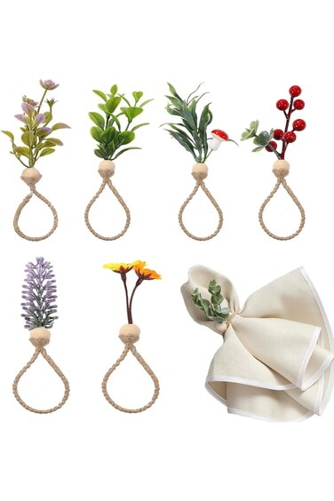 KASTWAVE Spring Napkin Rings, Set of 6 Easter Napkins Ring Farmhouse Green Leaf Floral Napkin Rings