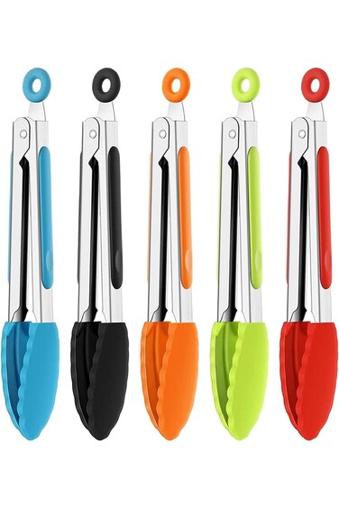 5 PCS 7 Inch Silicone Tongs With Silicone Tips,Stainless Steel Cooking Tongs for Frying