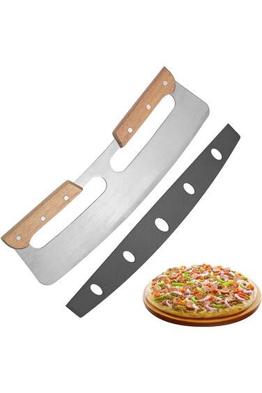 قاطع بيتزا هزاز من الفولاذ المقاوم للصدأ مقاس 14 بوصة، مقبض خشبي مزدوج، غطاء واقٍ، شرائح بيتزا،