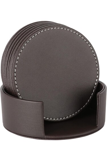 Handmade Leather Drink Coasters Set of 6 with Holder, Durable and Stylish Coasters for Tabletop Pro