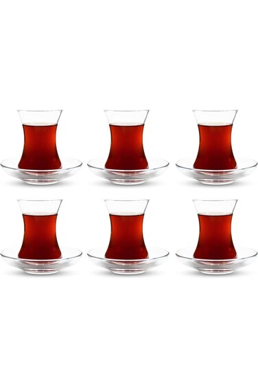 طقم أكواب الشاي التركي من أومز - تصميم خصر رفيع ونعل سميك يمنع الشاي من أن يبرد، سهل التنظيف.