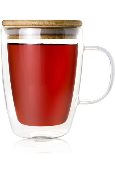كوب زجاجي مزدوج للشاي والقهوة من ميبرو مع غطاء لحفظ الحرارة 375 مل